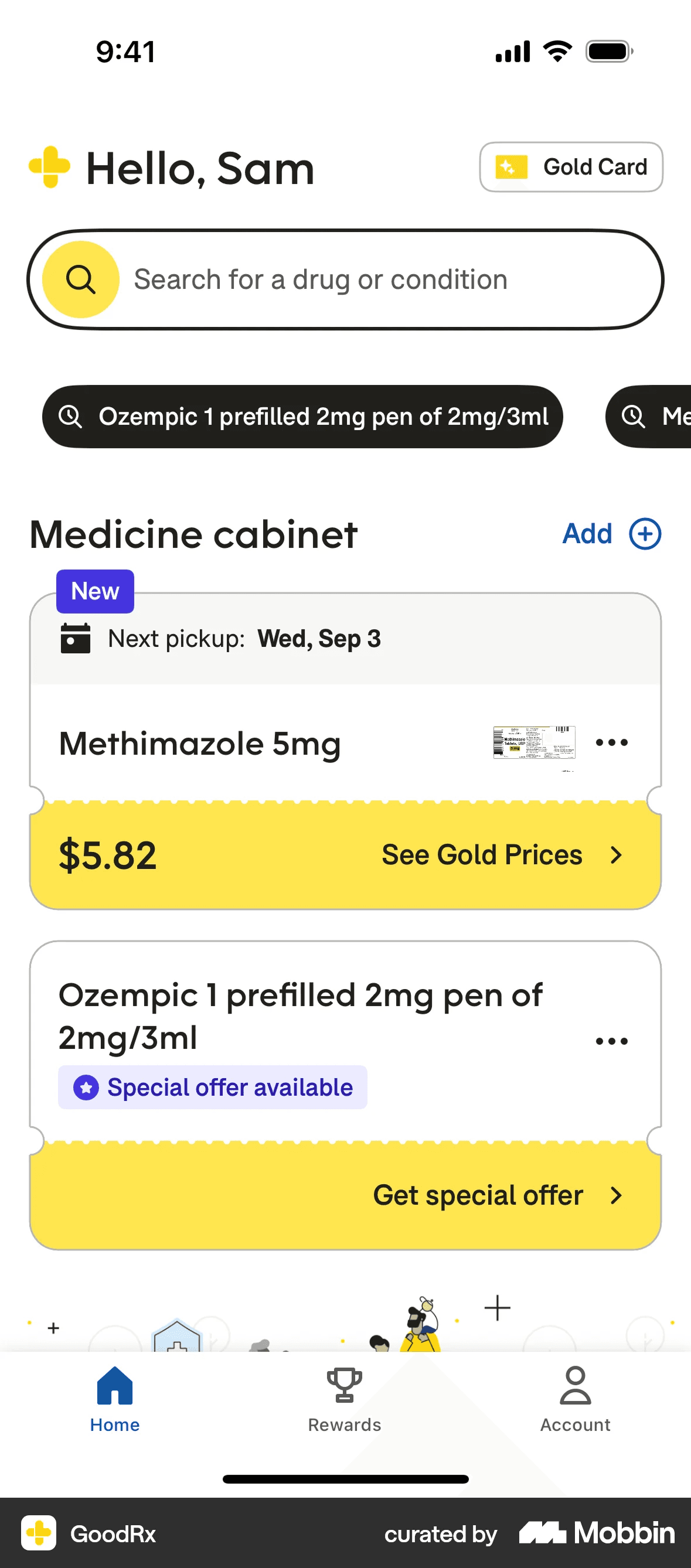 Pharmacy app showing a personal medicine cabinet and drug price search