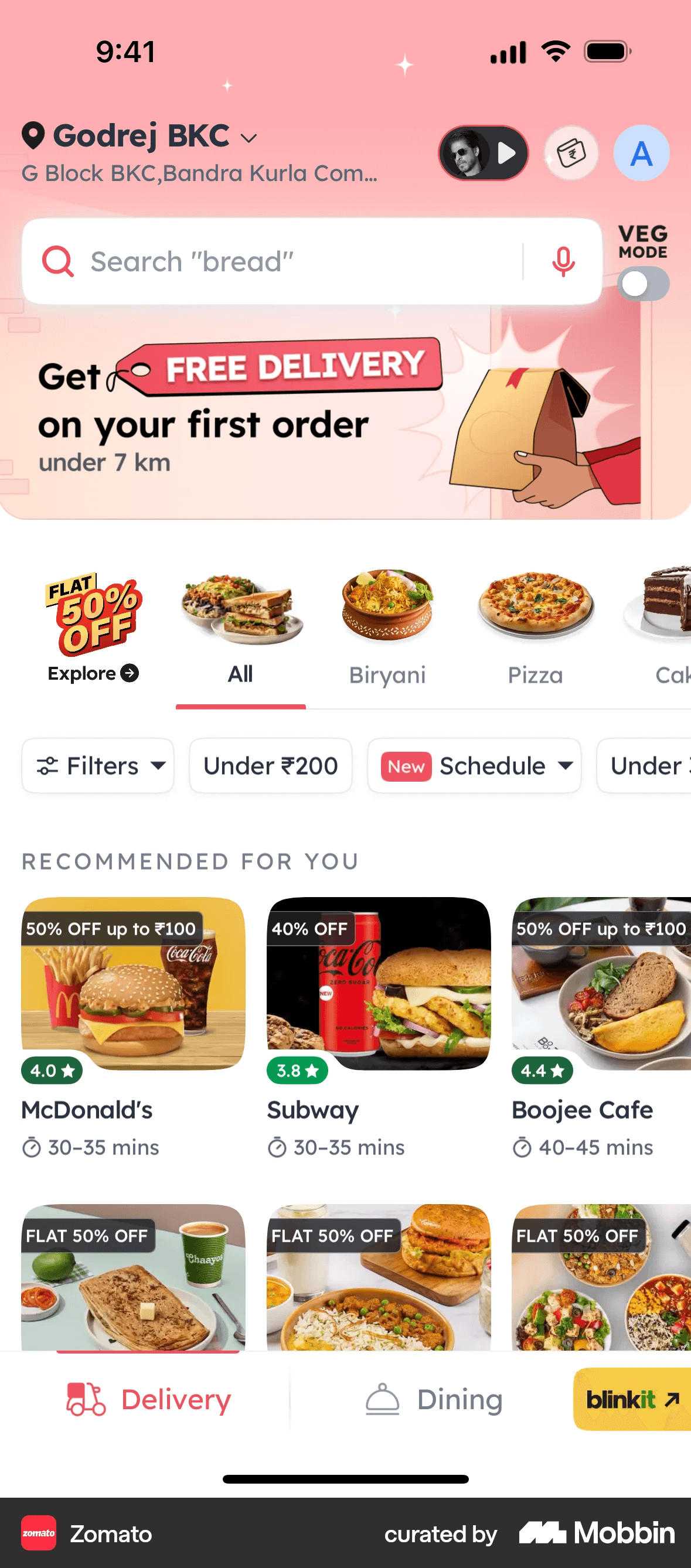 Food delivery app with free-delivery offers and nearby restaurants